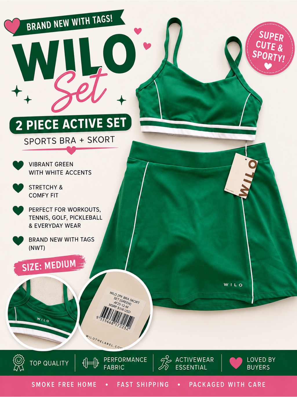 Wilo Green Tennis Skort & Crop Bra Set